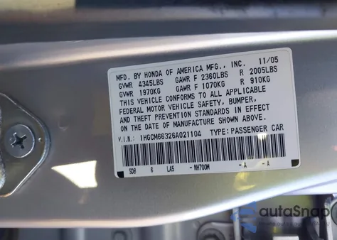 2006 Honda Accord 3.0 Lx from USA, damaged, VIN 1HGCM66326A021104